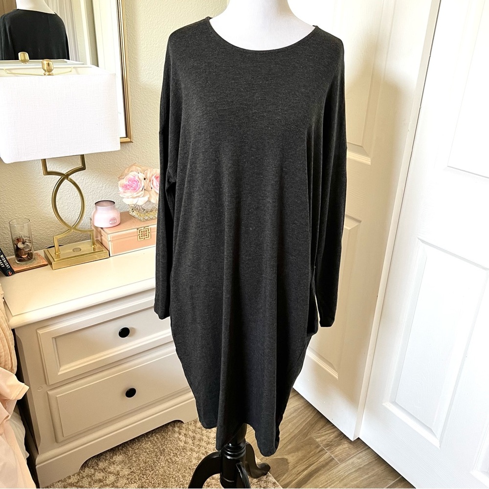 Eileen Fisher Midi Dress Medium Gray Pockets Tencel Long Sleeves Stretch Jersey